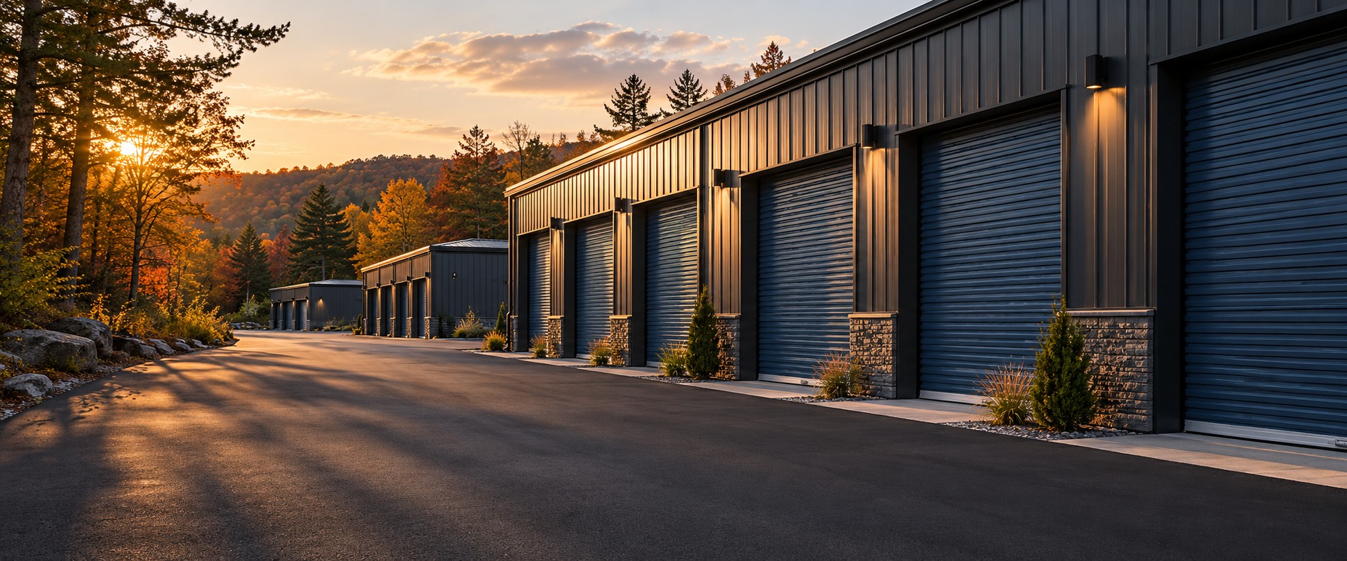 Illustrative architectural concept of a modern storage facility at golden hour